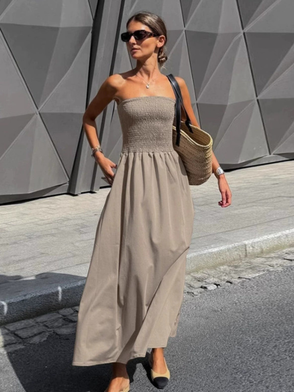 Forever 21 Strapless Dress Summer Khaki A-Line Maxi Fitted